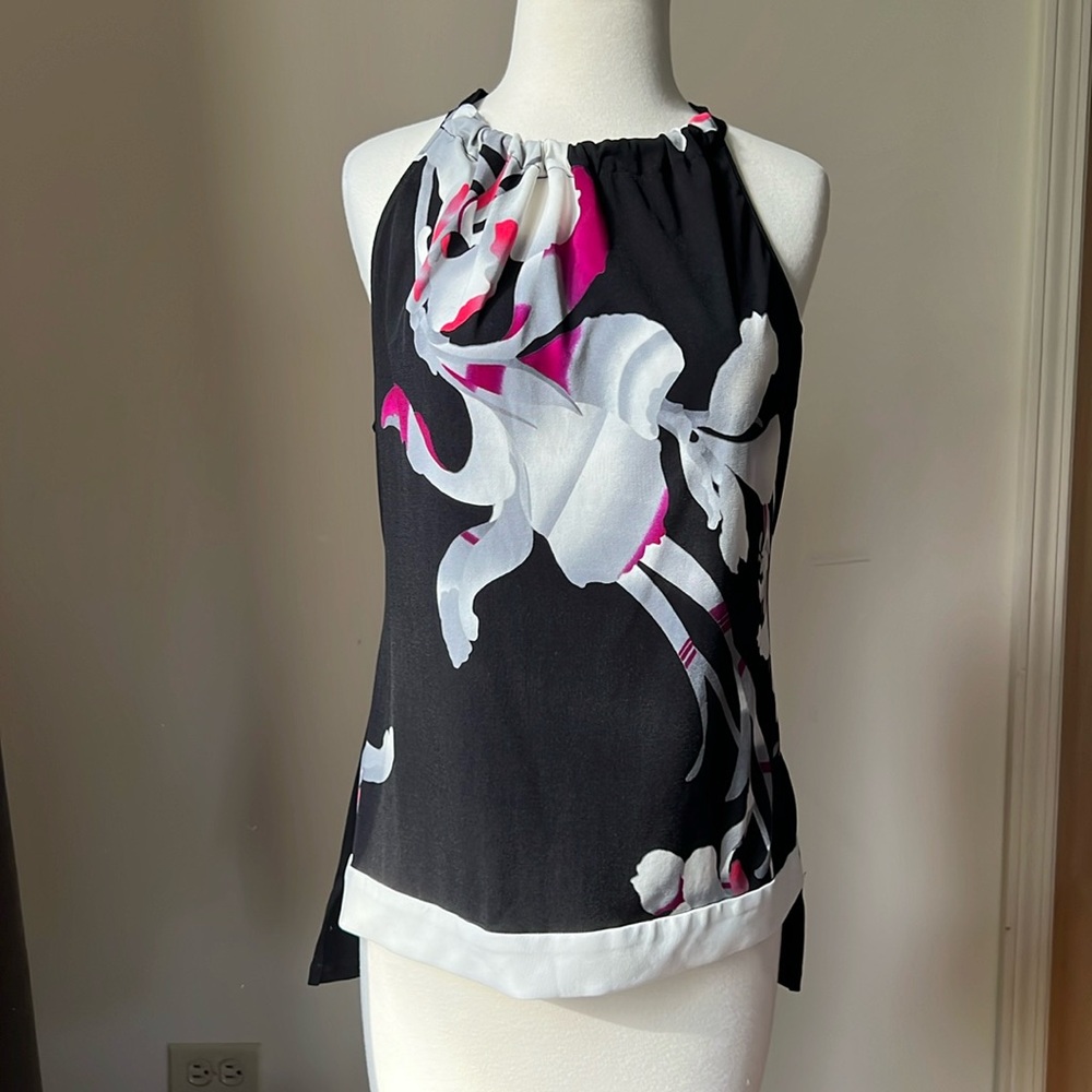 TAHARI Women’s Floral Halter with High Low Hem Keyhole back Size M